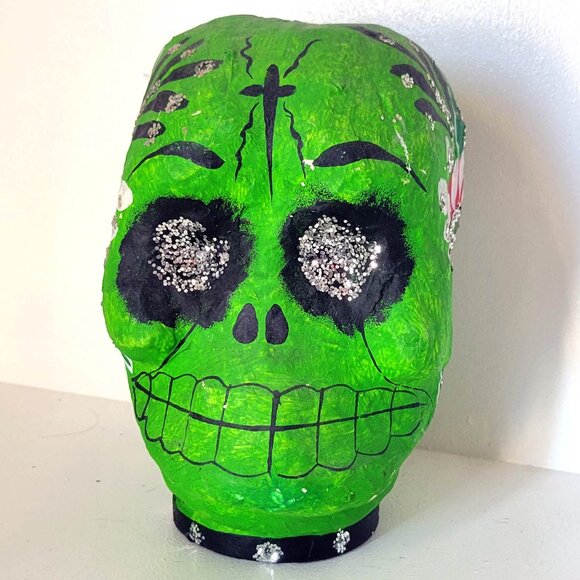 Vintage Green Mexican Paper Mache Sugar Skull - Picture 1 of 5